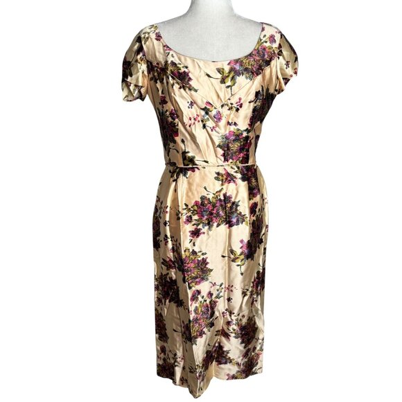 Vintage 50s Jeanette Alexander Of California Floral Satin Dress Small Cream Zip - Picture 1 of 11